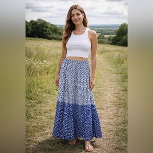 LOFT Floral Tiered Maxi Skirt Boho Hippie Flowy Cottage Medium